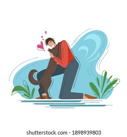 Love for pets. Trendy fashion illustration. Joyful man hugging a dog on an abstract background. Helping homeless animals. Vector flat illustration for postcards, banners and your design.