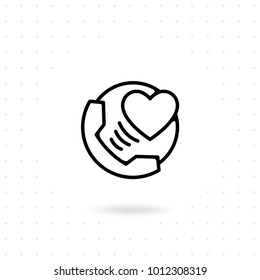 Love phone icon. Phone call with heart symbol, Receive phone call with heart symbol. Heart shape telephone receive sign icon. Vector illustration
