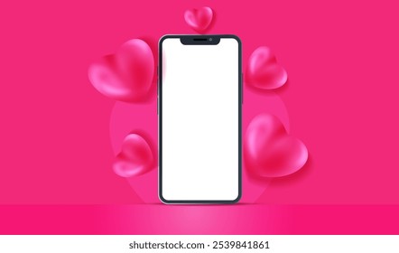 Love phone on pink background. Mock up smartphone with white empty screen. Cellular with pink balloon hearts. Display for valentine's day, date, letter, message. Vector cellphone.