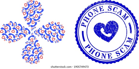 Love phone receiver twirl twist, and blue round PHONE SCAM dirty stamp print with icon inside. Element flower with 4 petals done from oriented love phone receiver items.