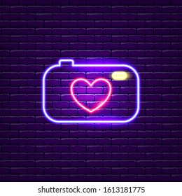 Love in photo camera neon icon.. Valentine's day concept. Symbol with love. Vector illustration of holidays. 