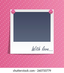 Love photo frame on wall with pink pins isolated on white background