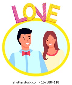 Love photozone accessories, smiling man and woman standing together and posing. Romantic photography, professional photo. Face of lovers in frame, invitation on wedding from husband and wife vector