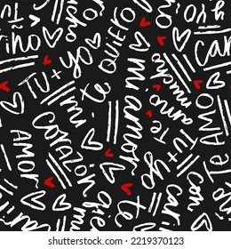 Love phrases in Spanish seamless pattern. Black, white and red vector design with you and me, my heart, I love you very much romantic messages. Non directional print for wrapping or fabric.