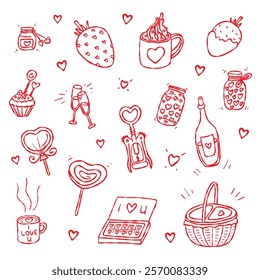 Love picnic hand-drawn doodle set. Hand-drawn red contour elements isolated on a white background. Romantic love themed designs, Valentines Day, greeting cards, web, blog, prints, menus