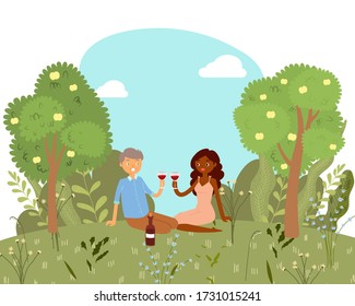 Love picnic for happy couple with wine in park, nature outdoor, romantic date cartoon vector illustration. Valentine's day card. Lovely couple man and woman together among trees on summer picnic.