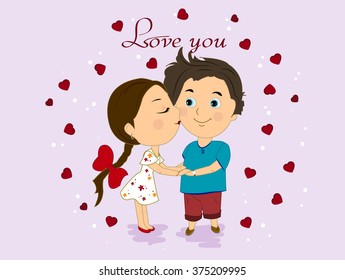 Love picture card, boy and girl with red hearts