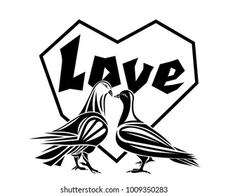Love and pigeons. A pair of loving doves in the background of the heart. Romantic design. Vector illustration