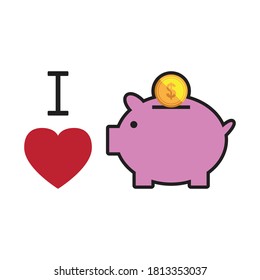 I love piggy bank, Vector illustration in flat style