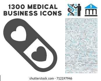 Love Pill grey vector icon with 1300 medicine commercial pictographs. Set style is flat bicolor light blue and gray pictograms.