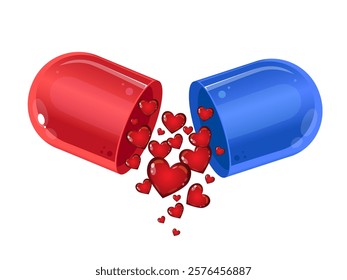 Love pill. Romantic conceptual illustration. Valentine's Day card with pill and red hearts, banner or invitation.