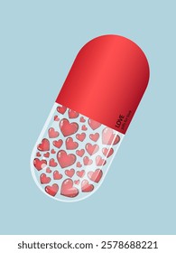 Love pill. Romantic conceptual illustration. Valentine's Day card with pill and red hearts, banner or invitation.