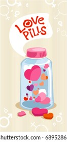 Pastillas de amor en botella, ilustración vectorial.