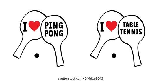 I love ping pong. World table tennis day. Table tennis player and paddle icon. Pingpong spots. Ping pong and bat and ball game. Ping pong rackets and balls. Table tennis racket, ball with paddle.