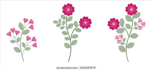 Love Pink Fuchsia Flowers And Green Leaves Collection
