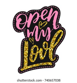 Love pink and gold brush calligraphy text with hand drawn heart on black sticker