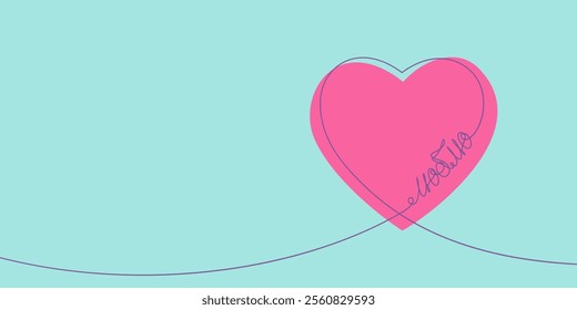 Love pink heart on light blue banner one line drawing, I Love written in Russian is inscribed in the shape of a heart with one continuous line, Vector minimalist illustration of love concept