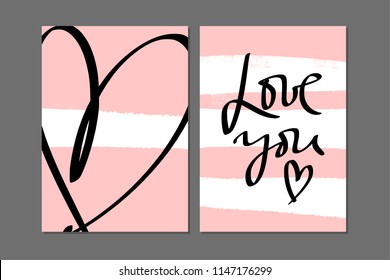 Love pink postcards set, scribble stylish backgrounds, universal design. Vector Illustration, clipart.