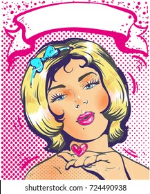 Love pink ribbon art woman face with a kiss and heart. Vector illustration.