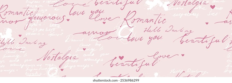 Love pink seamless pattern, vector romantic handwriting scribble texture vintage Valentine Day print. Wedding calligraphy ink wrapping paper, retro letter decorative repeat wallpaper. Love pattern art