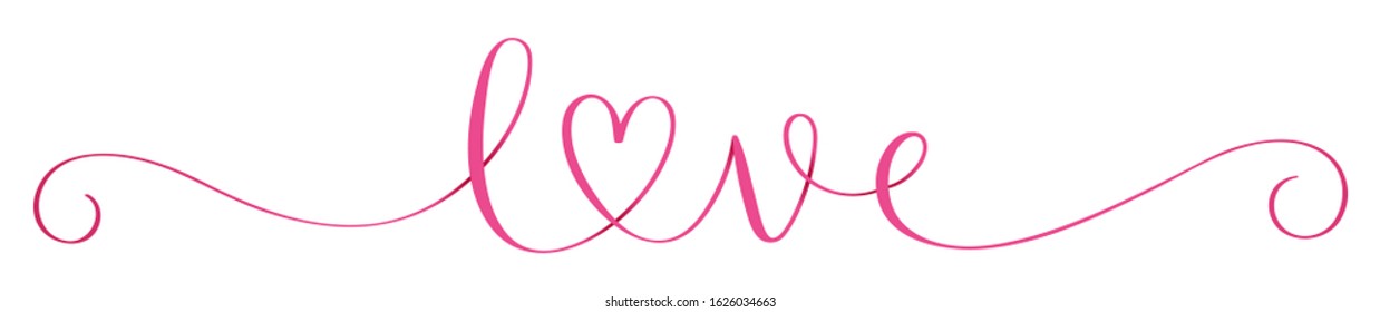 LOVE Pink Vector Ribbon Effect Brush Calligraphy With Heart Symbol And Flourishes