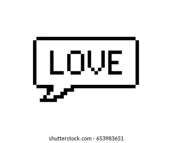 Love pixel art lettering typography in speech bubble on white background.
