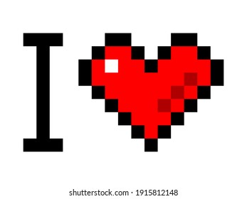 I love pixel icon. Contour red hearts with black outline in capital letters and shape romantic abstract recognition heartfelt emotional vector greeting.