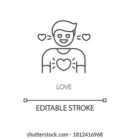 Love pixel perfect linear icon. Feeling of strong affection, emotional attachment. Thin line customizable illustration. Contour symbol. Person in love vector isolated outline drawing. Editable stroke