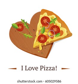 I love pizza. Classic Pizza Margherita illustration with cheese, tomatoes and basil leaves ingredients on vintage background. Pizza in the shape of a heart.