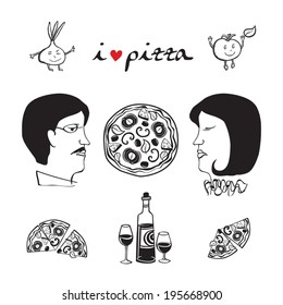 I love pizza. Elements for pizzeria. Vector illustration.