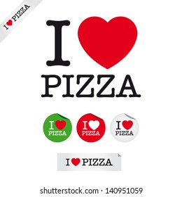 i love pizza, font type with signs, stickers and tags. Ideal for print poster, card, shirt, mug.