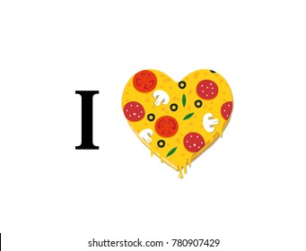 I love pizza. Isolated vector illustration with heart-shaped peace of pizza with mushrooms, pepperoni and olives