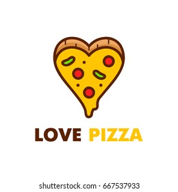 Love pizza logo design. Vector modern line outline flat style cartoon character illustration. Isolated on white background.Concept creative card, logo for street food cafe