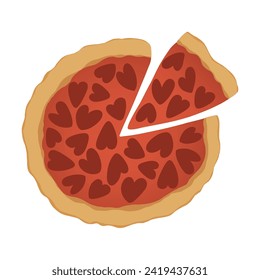 Amo la pizza con porción decorada con corazones salami. Concepto de ilustración vectorial romántica aislado en fondo blanco. Elemento de comida rápida del día de San Valentín para tarjeta de saludo, menú especial, publicidad.