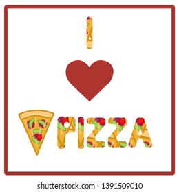 I love Pizza slices color vector illustration.  Takeaway Food for Party. Tomatoes, Shrimps, Salami, Pepper, Olives Pizza Flavours. Pepperoni, Romana, Stagioni Pieces Isolated Design Elements - Vector