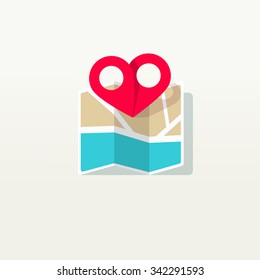 Puntero del lugar de amor con el icono del logo del mapa de la ciudad, etiqueta del marcador de hallazgo en forma de corazón, concepto, destino, boda amour aislado en fondo blanco estilo plano icono diseño de marca moderna ilustración vector