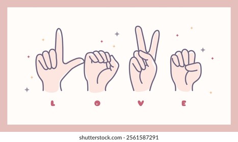 Love placement print design for Deaf Awareness Month banner. love in sign language hand drawn flat line art, promoting hearing disability education and inclusivity in September