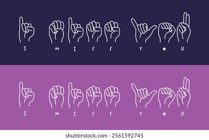 Love placement print design for Deaf Awareness Month banner. I Miss you in sign language hand drawn flat line art, promoting hearing disability education and inclusivity in September