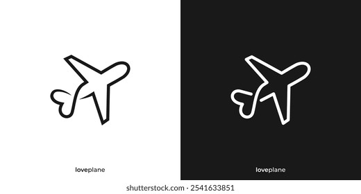 Love Plane Logo. Airplane and Love with Lineart Outline Style. Love Travel Logo, Icon, Symbol, Vector, Design Inspiration.