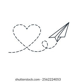 Love, plane, route. Love message.Vector linear icon illustration isolated on white background.