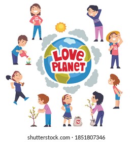 Love Planet Banner, Children Taking Care of Earth Planet, Environmental Protection Concept Cartoon Style Vector Illustration