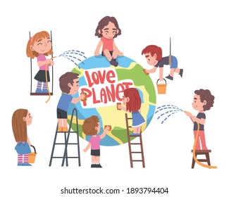 Love Planet Concept, Cute Boys and Girls Taking Care about Ecology of Earth Planet, Conservation of Planet Resources, Environmental Protection Cartoon Vector Illustration