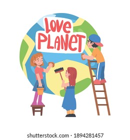 Love Planet Concept, Cute Boys and Girls Taking Care about Ecology of Earth Planet, Conservation of Planet Resources Cartoon Vector Illustration
