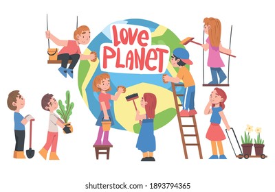 Love Planet Concept, Cute Kids Taking Care about Ecology, Conservation of Planet Resources, Environmental Protection Cartoon Vector Illustration