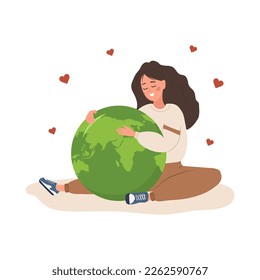 Love the planet concept. Smiling woman embrace Earth globe with care and love. International Mother Earth day. Caring for Nature and environment. Vector illustration in flat cartoon style.