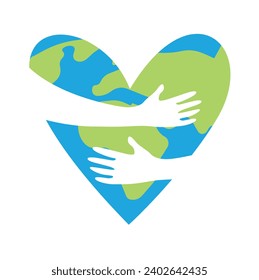 I love the planet earth, a heart with a big hug and a map of the earth, a symbol of the day of the planet and the hug day.