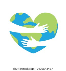 I love the planet earth, a heart with a big hug and a map of the earth, a symbol of the day of the planet and the hug day.