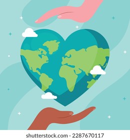 Amar el planeta, el planeta con forma de corazón, Salvar ese planeta, el afiche del Día de la Tierra Feliz, Día Internacional de la Madre Tierra, Cuidando de la naturaleza. Ilustración vectorial plana