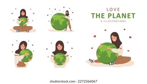 Love the planet. Smiling arabian woman hugs Earth globe with care and love. International Mother Earth day. Caring for Nature and environment. Set of vector ecological illustrations in cartoon style.