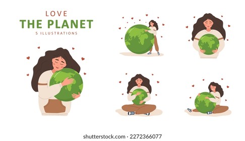 Love the planet. Smiling woman hugs Earth globe with care and love. International Mother Earth day. Caring for Nature and environment. Set of vector ecological illustrations in flat cartoon style.